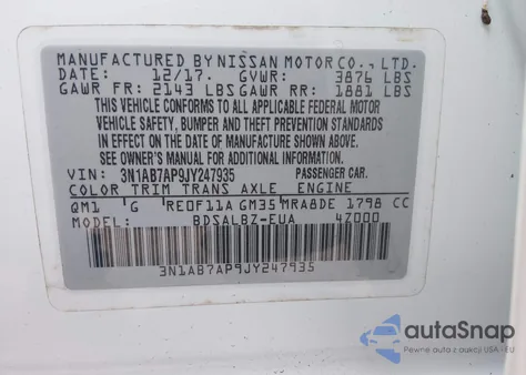 2018 Nissan Sentra S z USA, uszkodzony, nr VIN 3N1AB7AP9JY247935